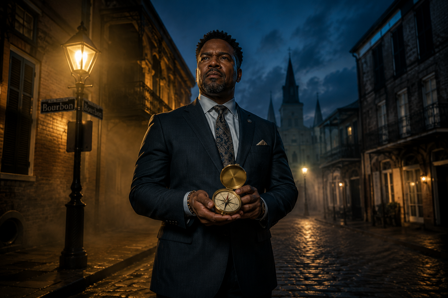 Brave school leader holding a compass on Bourbon Street at night — representing the B.R.A.V.E. Leaders Compass framework