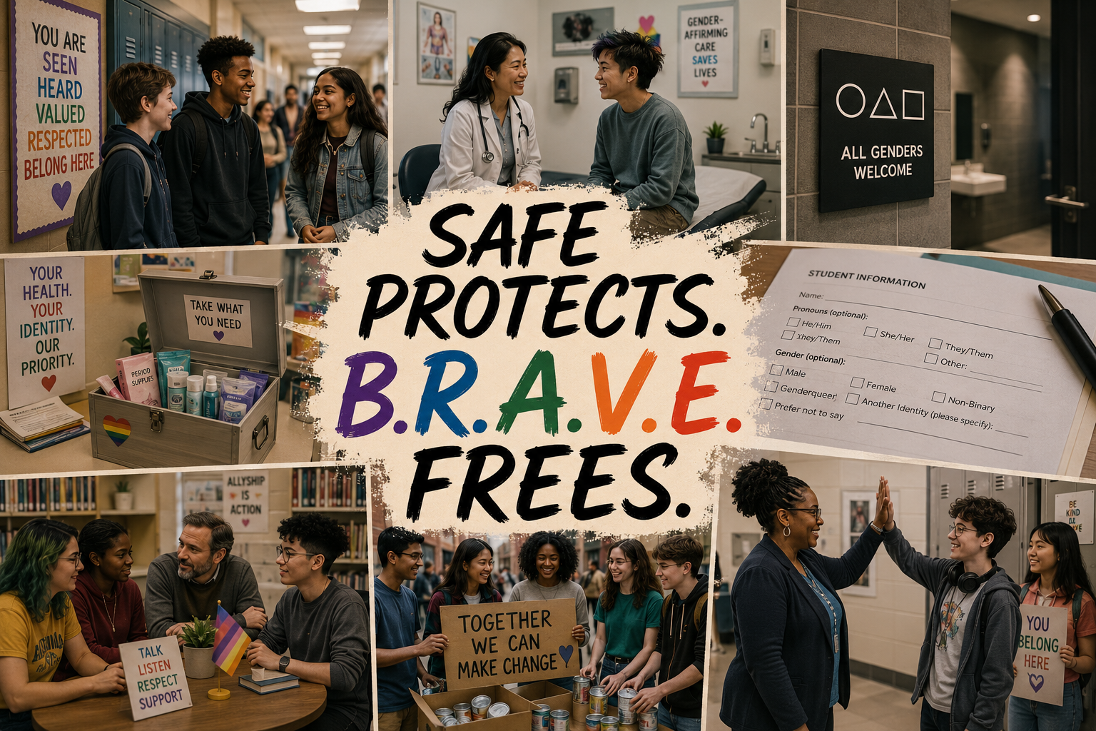 School community collage illustrating the message Safe Protects and BRAVE Frees