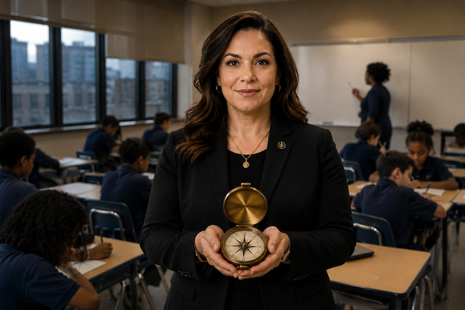 School leader holding a compass — representing the B.R.A.V.E. Leaders Compass framework in practice