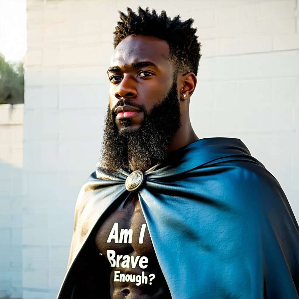 Six foot three Black Man with salt and pepper beard stocky build young wearing a cape that says Am I Brave Enough