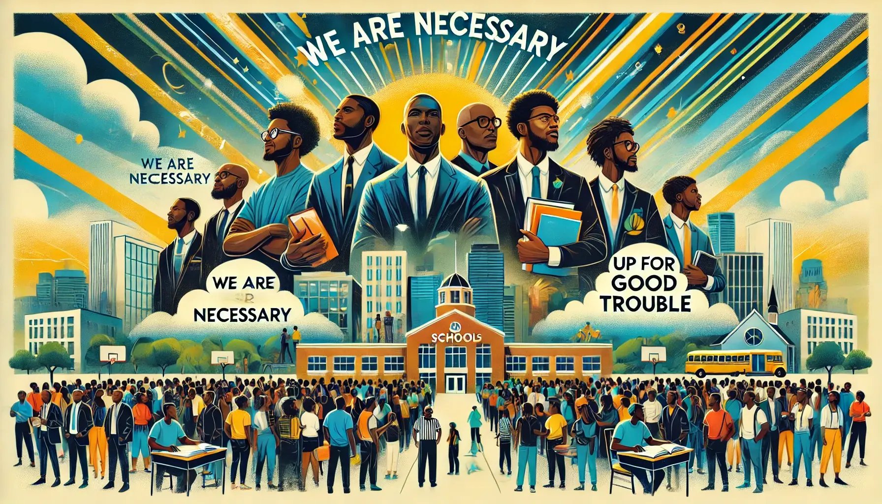 DALL·E 2024-11-25 10.19.45 - A digital illustration celebrating Black male educators at a convening, focusing on themes of empowerment, unity, and positive change. The artwork fea