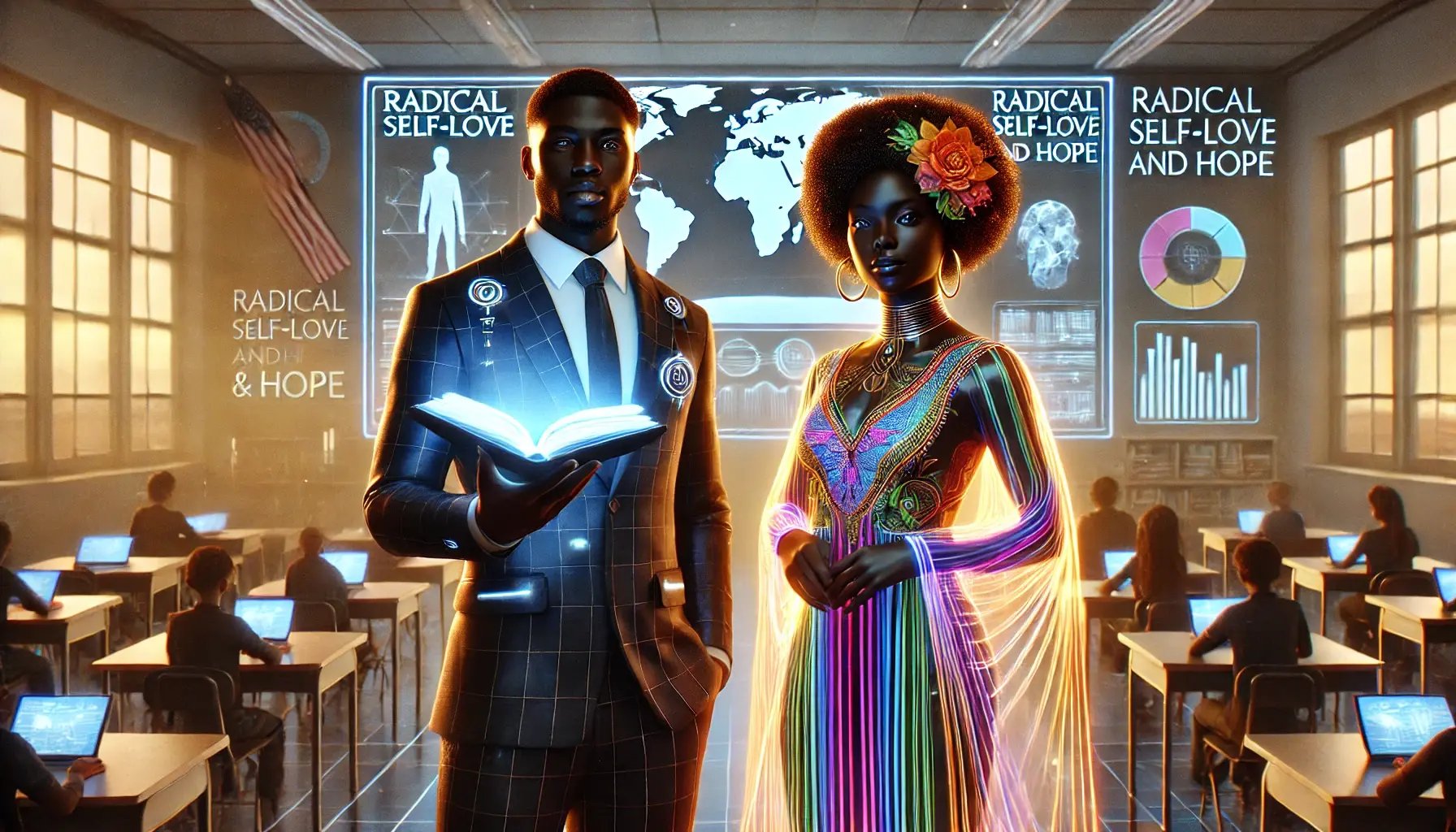 DALL·E 2024-11-25 13.38.43 - A futuristic digital illustration featuring a Black male and a Black female teacher in a classroom setting. The male teacher is wearing a sleek, moder